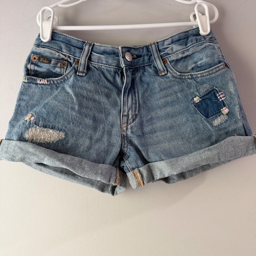 Polo Ralph Lauren Denim Shorts Girls 12 Blue Excellent Distressed Floral Boho